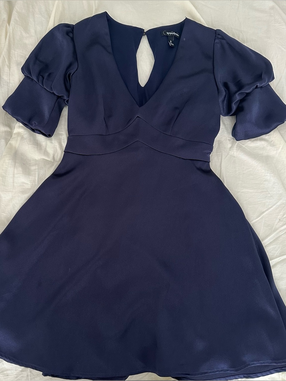 Navy V-Neck Puff Sleeve Mini Dress